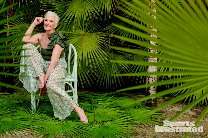 Maye Musk was photographed by Yu Tsai in Belize. Swimsuit by Maygel Coronel. Pants by Caroline Constas. Earrings by Cleopatra's Bling.